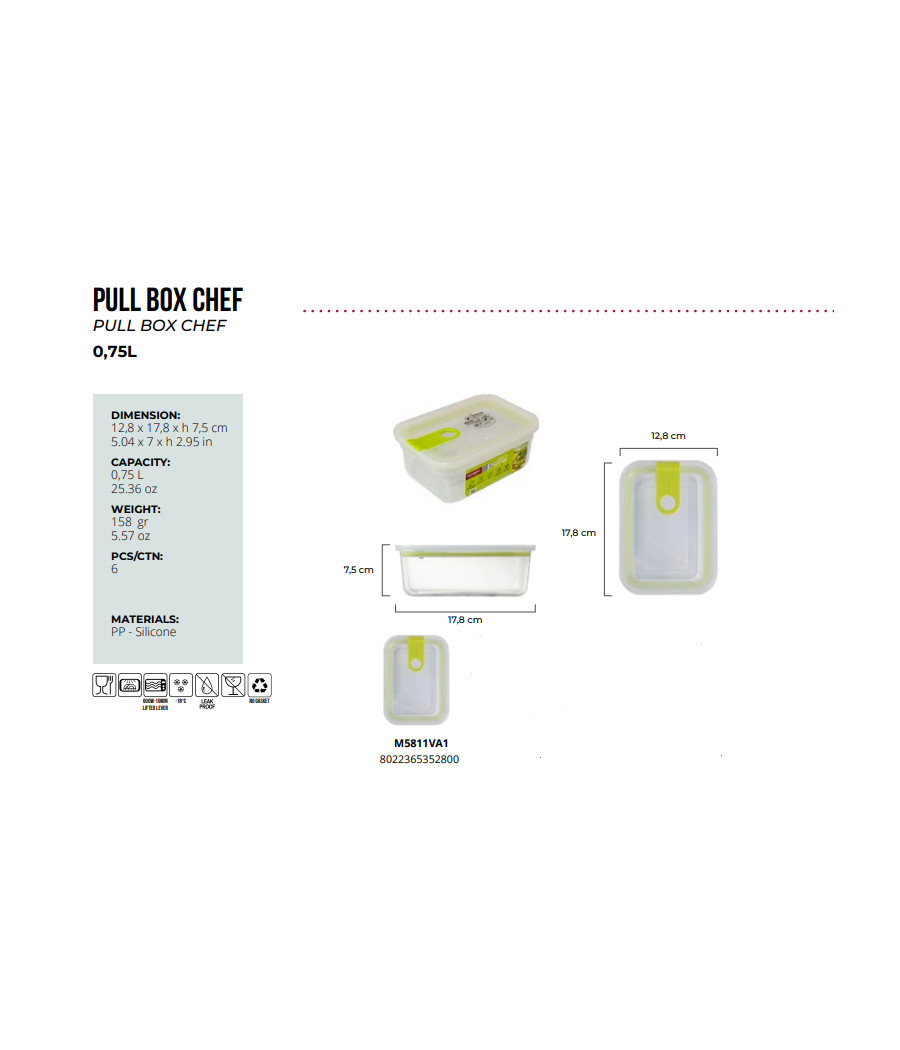 Contenitore ERMETICO per alimenti 0,75 l VERDE ACIDO OMADA PULL BOX CHEF