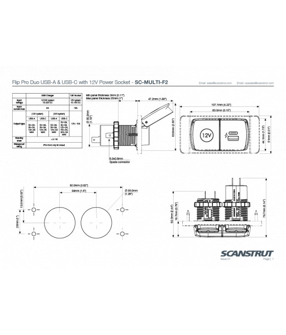 Scanstrut - Flip Pro Duo - Presa 12 V, USB, USB-C Da esterni