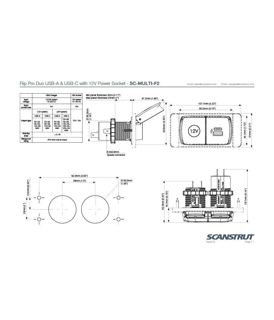 Scanstrut - Flip Pro Duo - Presa 12 V, USB, USB-C Da esterni